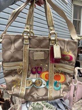 Coach Taupe Tote with Gold Hardware and Multicolor Graphic Accents